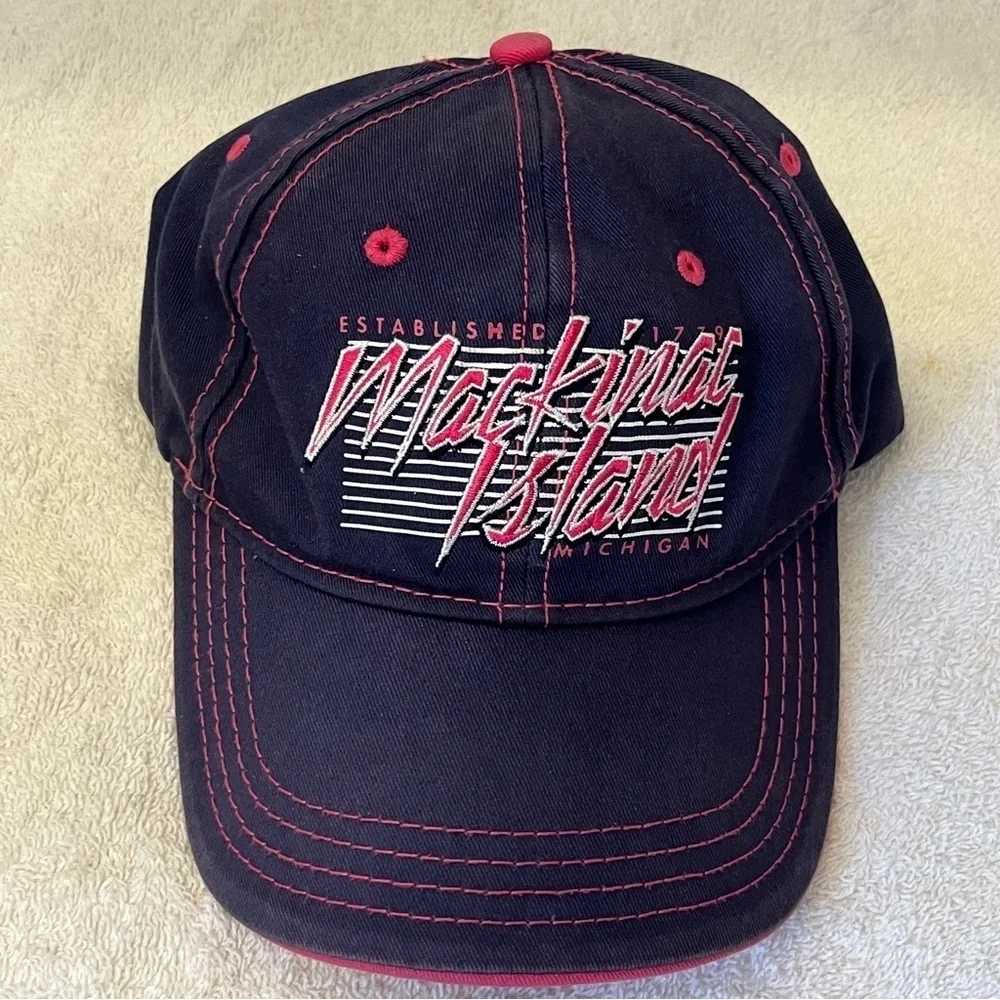 Mackinac Island Navy and Pink Women's Adjustable Cotton Ball Cap